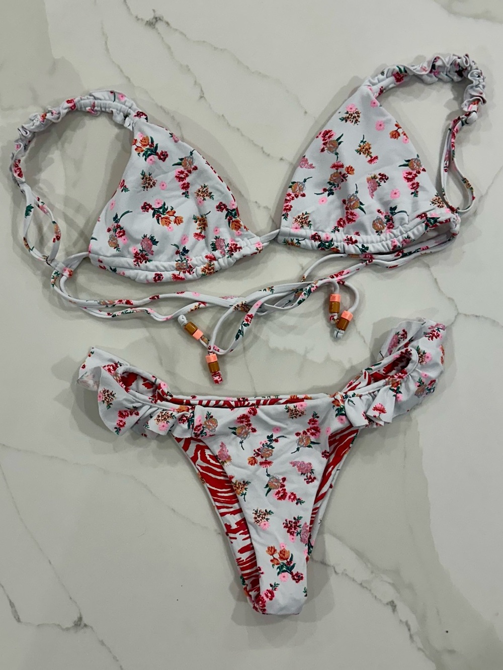 Maaji White Floral Ruffle Triangle Bikini with Pink and Red Accents